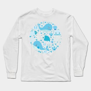 Blue Cartoon Whale Art Print Long Sleeve T-Shirt